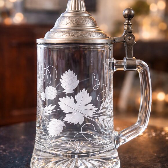 Vintage ALWE German Crystal Beer Stein with Pewter Lid Hand-Etched – W. Germany